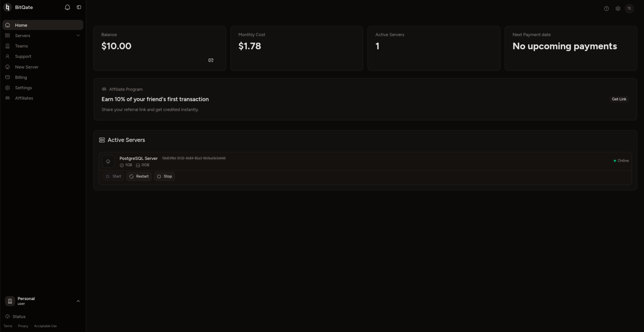 The BitQate portal dashboard